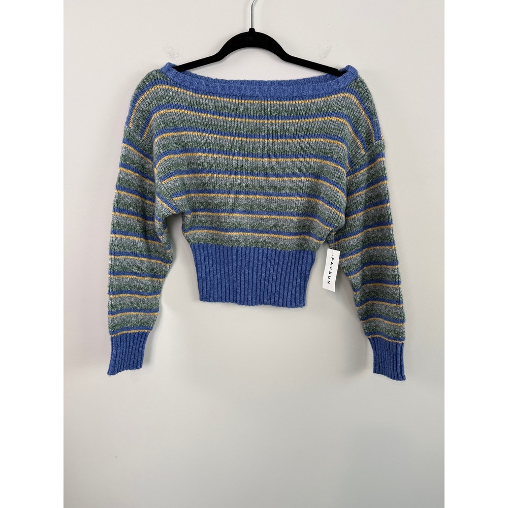 PacSun Your Favorite XS Corsette Ribbed Off-The-Shoulder Sweater Blue Striped